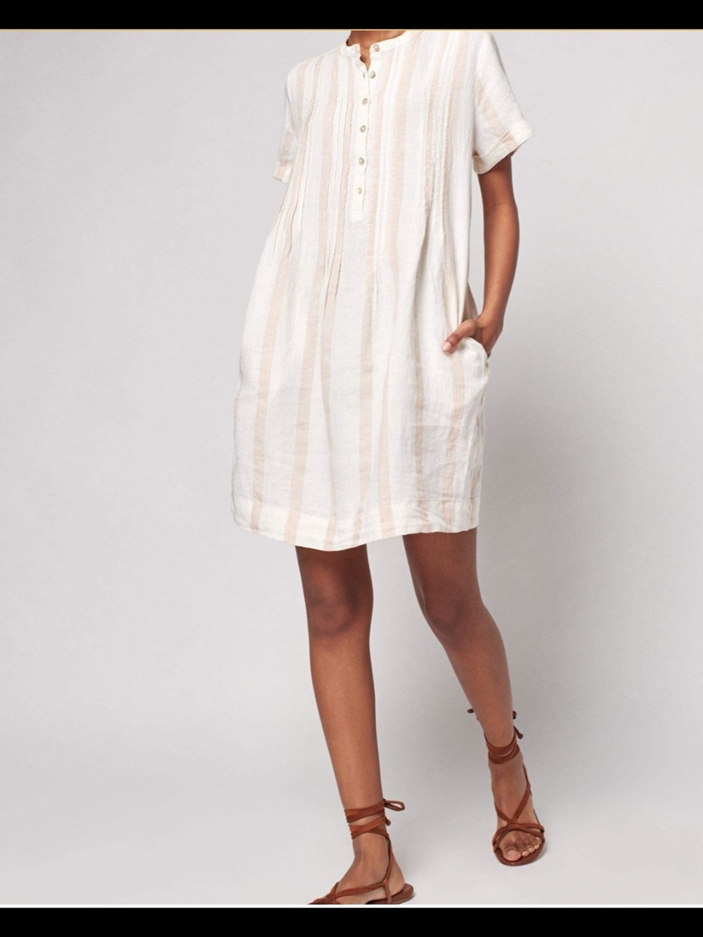 Faherty Gemina Cream and Tan Striped Short-Sleeve Dress